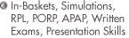 In-Baskets, Simulations, RPL, PORP, APAP. Written Exams, Presentation Skills